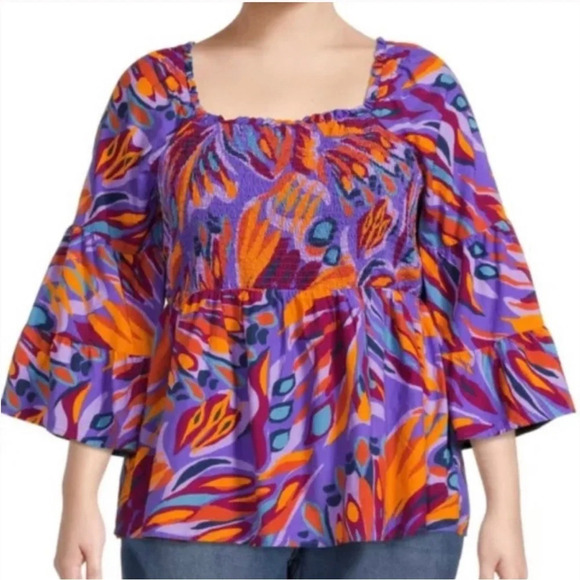 Terra & Sky Tops - TERRA & SKY ~ Bright  Boho Smocked Top with Tiered Bell Sleeves Cotton Rayon 4X